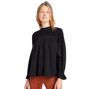 Anthropologie Maeve Long Sleeve High Neck Smocked Black Top Size‎ 0